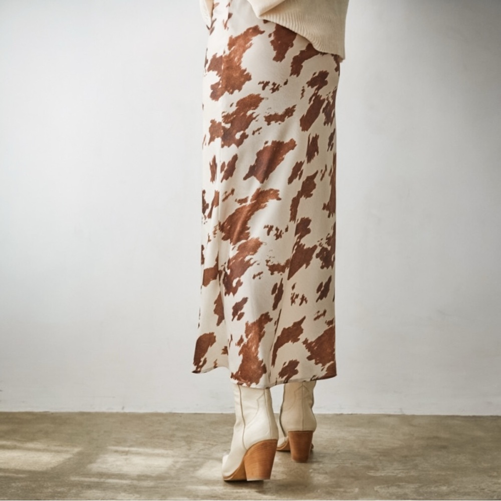 Chic Satin Brown and White Cow Print Midi Western Skirt - Picture 2 of 5